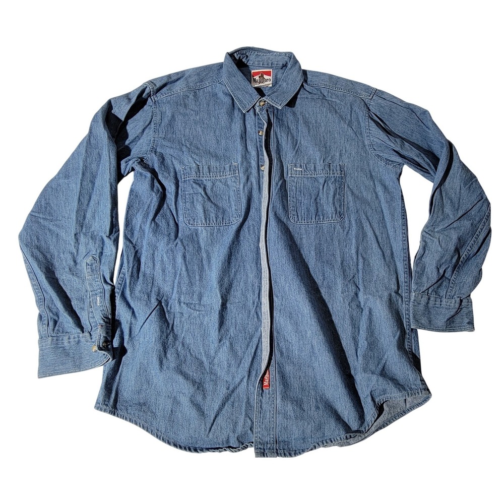 Vintage Marlboro Adventure Team Blue Denim Button Down Shirt Mens XL Made in USA